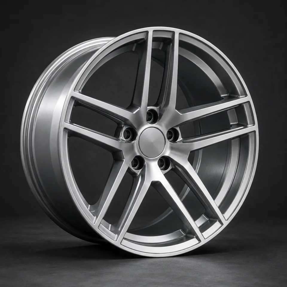 AI design visualization of a concave split-spoke wheel in brushed silver