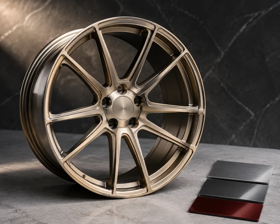 Brushed champagne wheel alongside silver, graphite and burgundy finish swatches