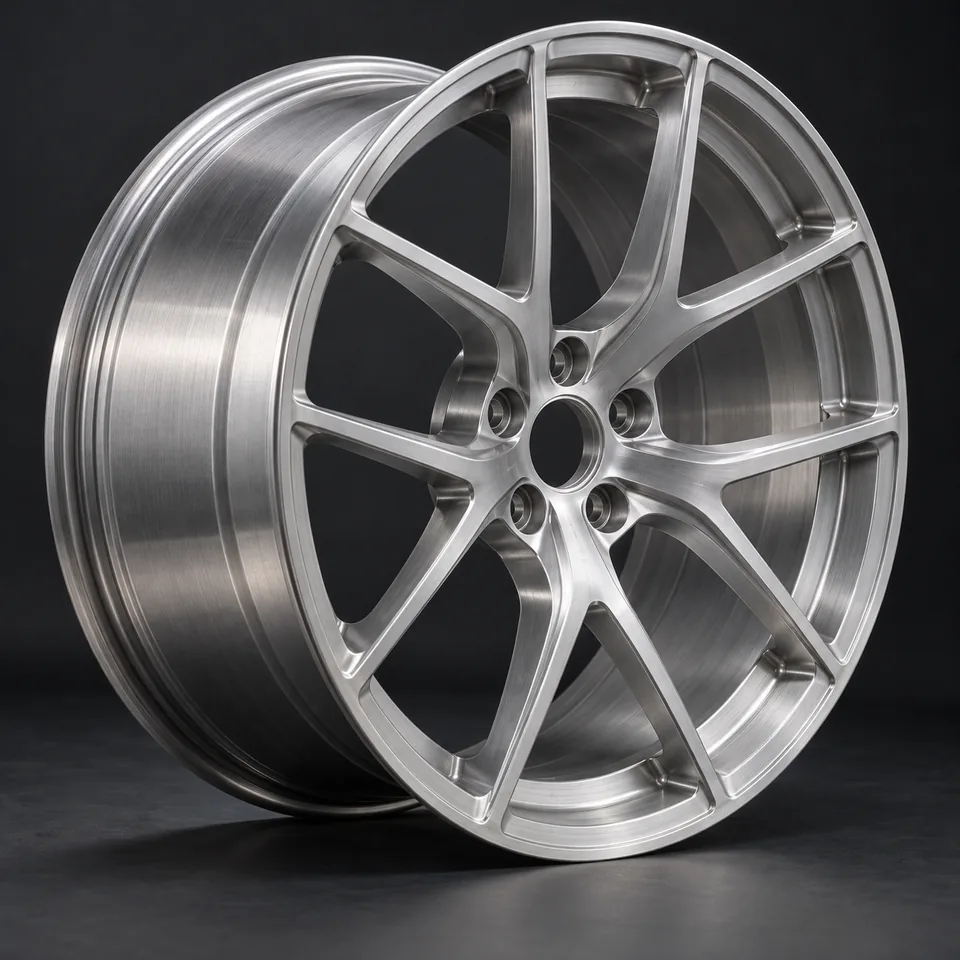 Forged aluminum wheel 3/4 view showing machined barrel and face