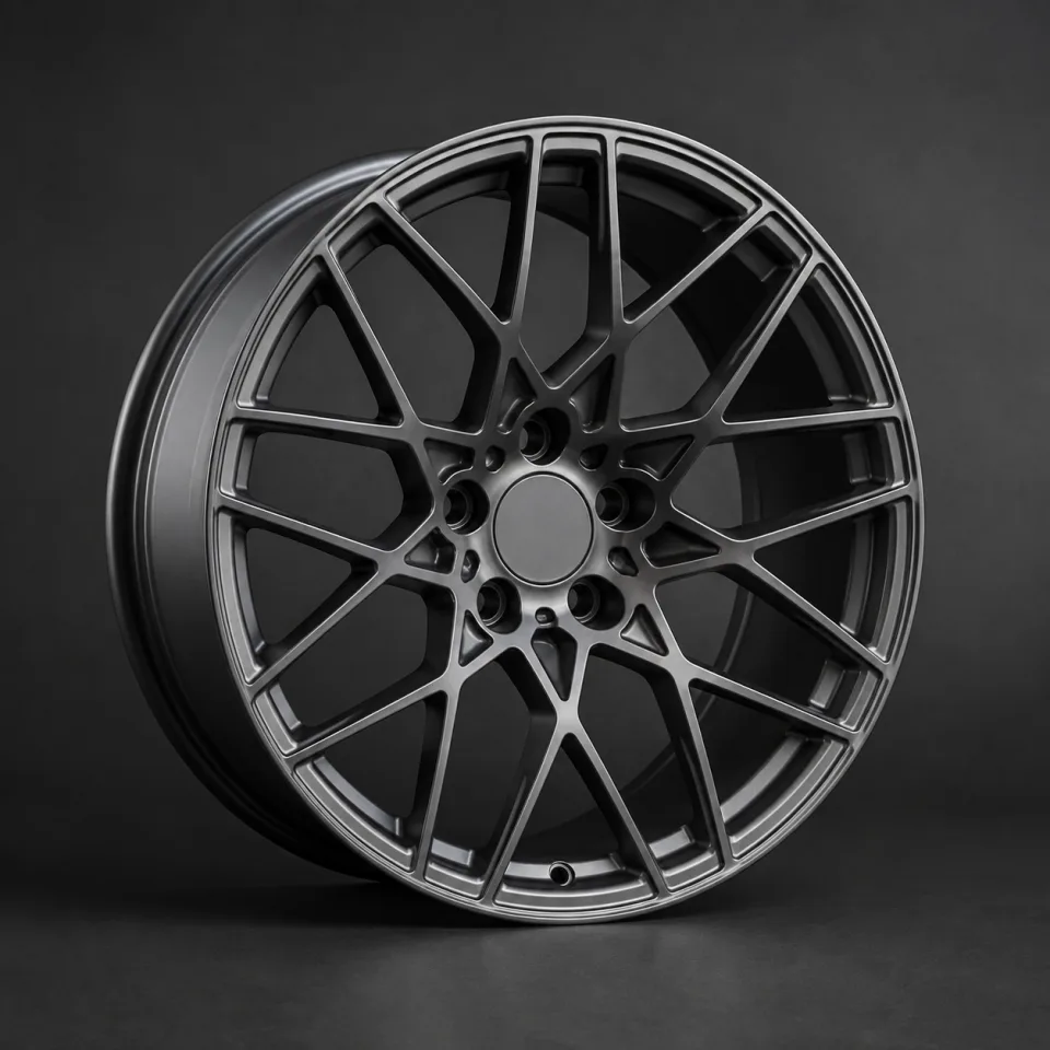 AI design visualization of a graphite mesh-spoke wheel
