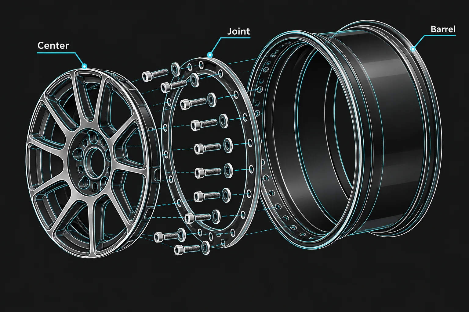 Exploded diagram of a two-piece wheel: forged center, joint hardware and barrel