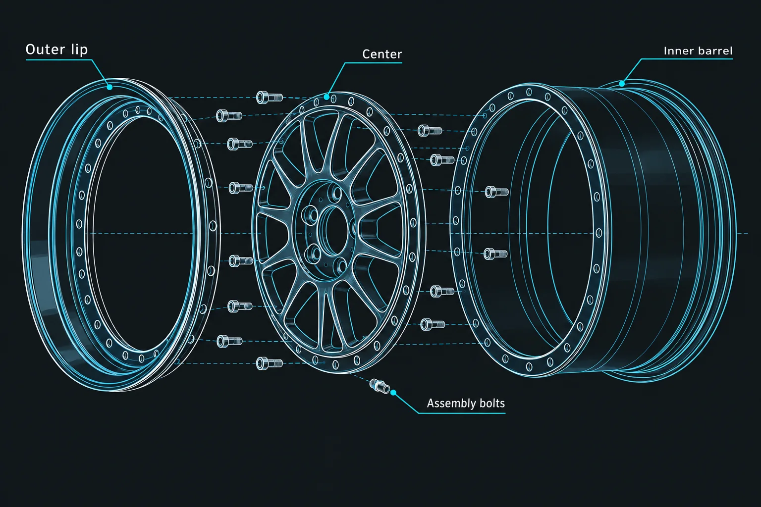 Exploded diagram of a three-piece wheel: outer lip, center and inner barrel with assembly bolts