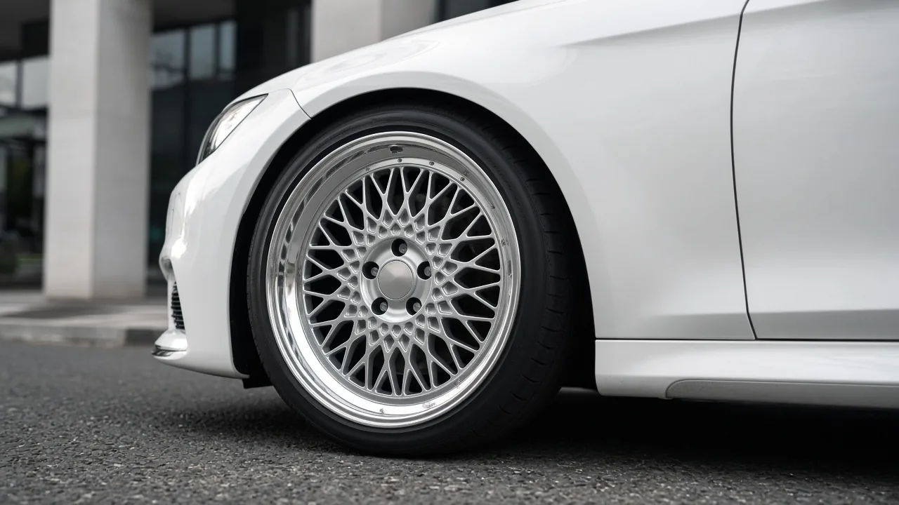 Classic silver mesh forged wheel with polished lip on a white coupe
