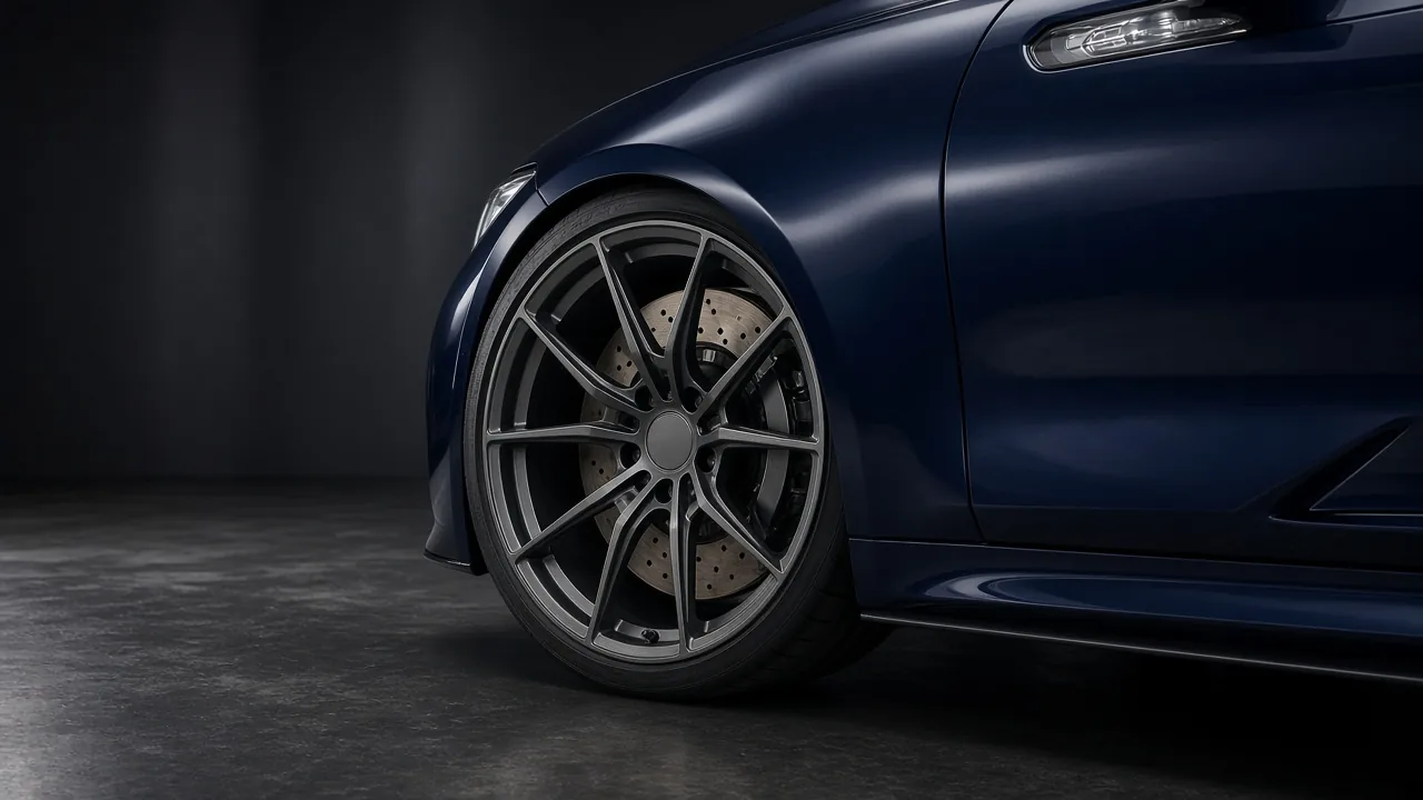 Deep-concave staggered custom forged wheel on a dark blue performance coupe