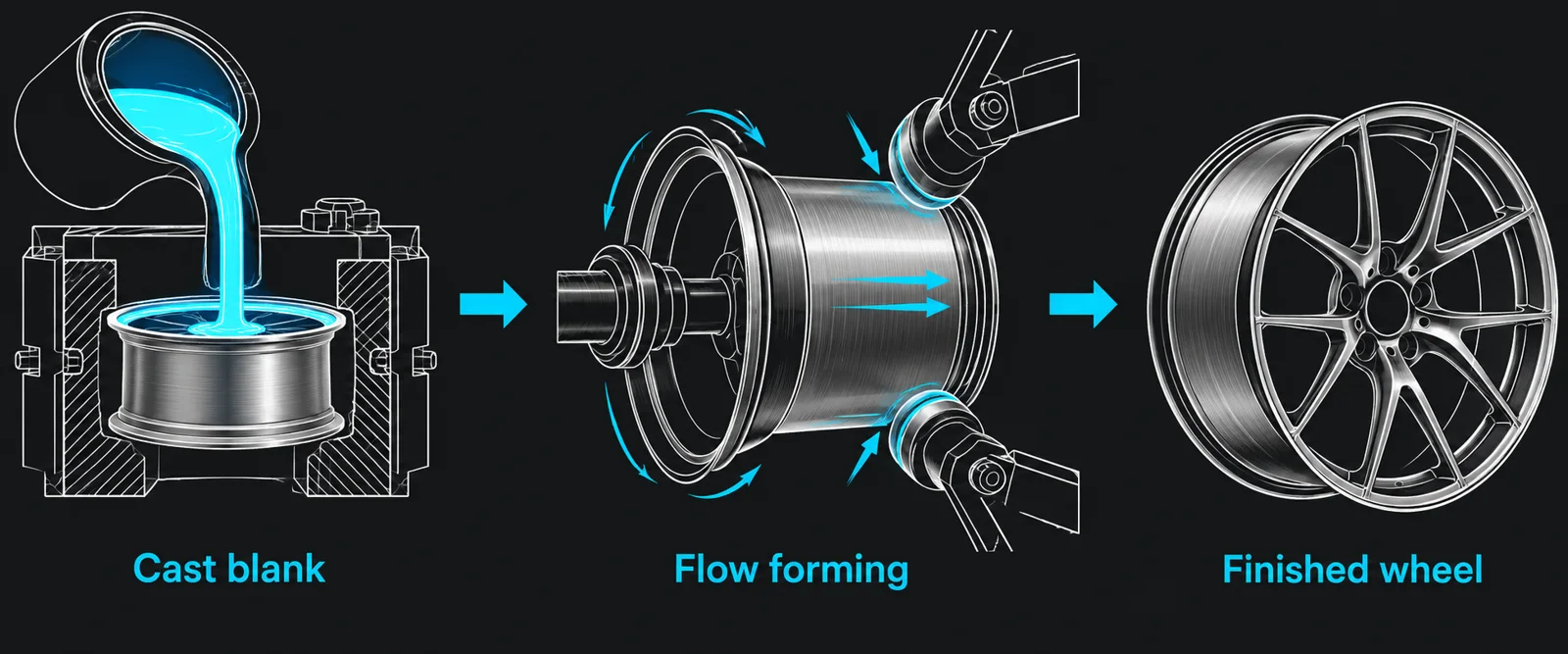 Three-step diagram: cast blank, flow-forming rollers, finished wheel