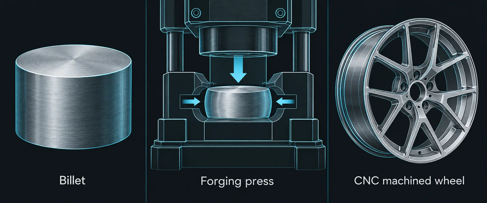 Three-step diagram: billet, forging press and CNC-machined wheel blank