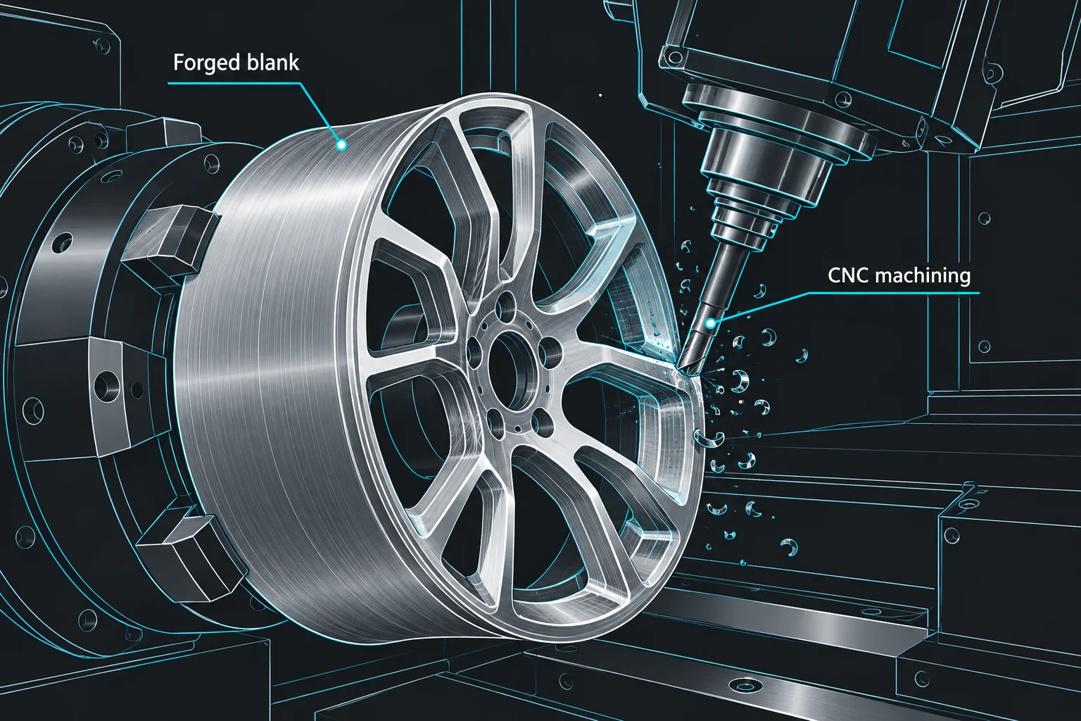 CNC machining a forged wheel blank