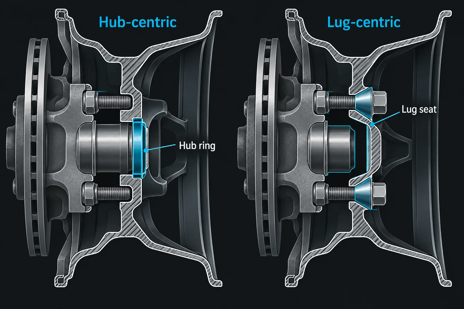 Hub-centric vs lug-centric wheel cross-section