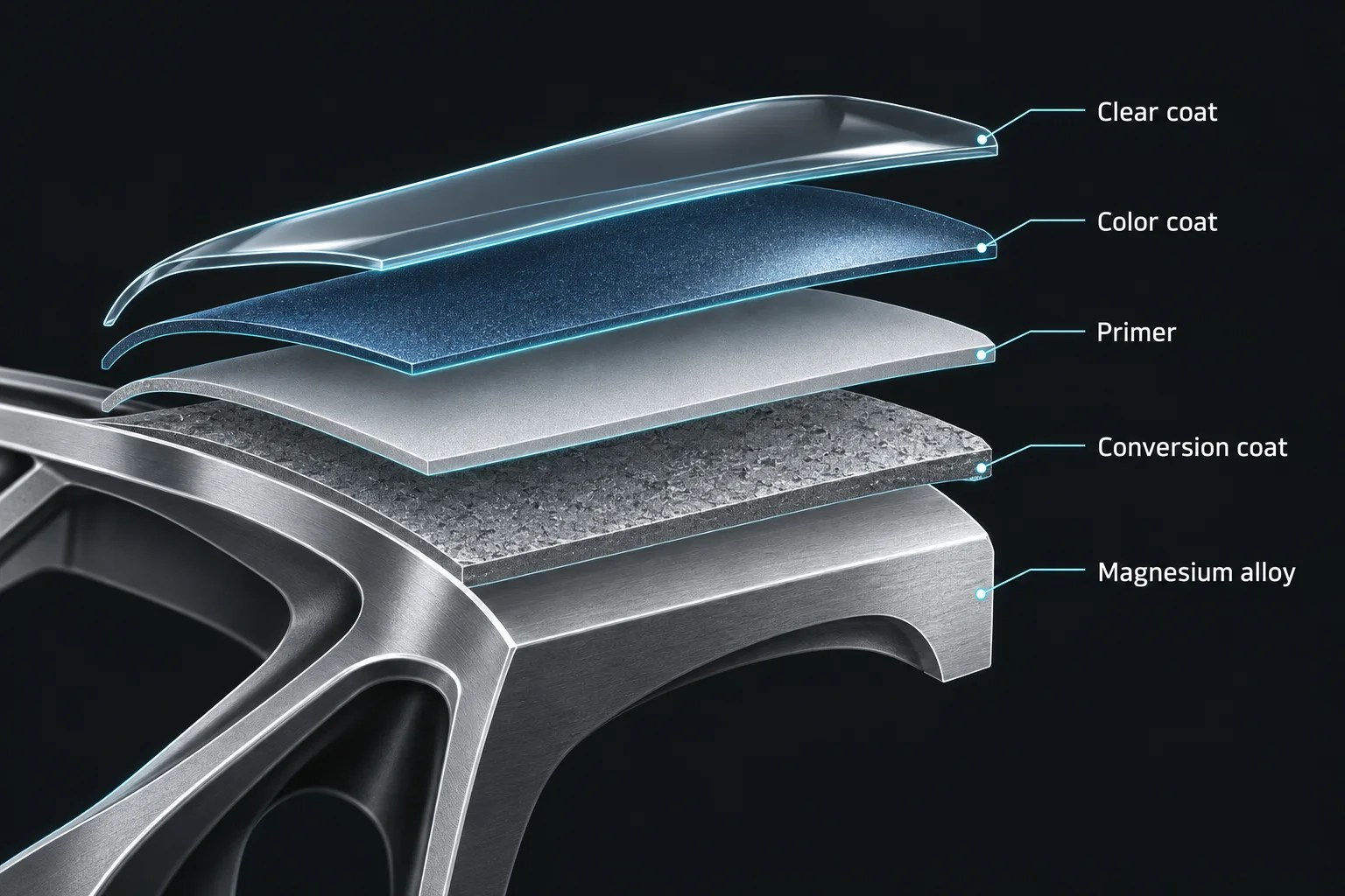 Magnesium wheel coating layer stack
