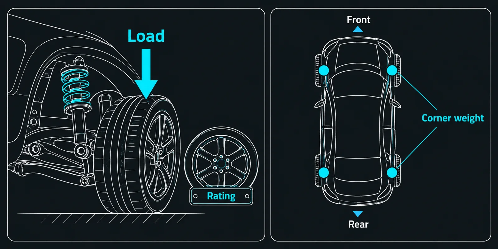 Diagram of wheel load arrow and corner-weight dots under a car silhouette