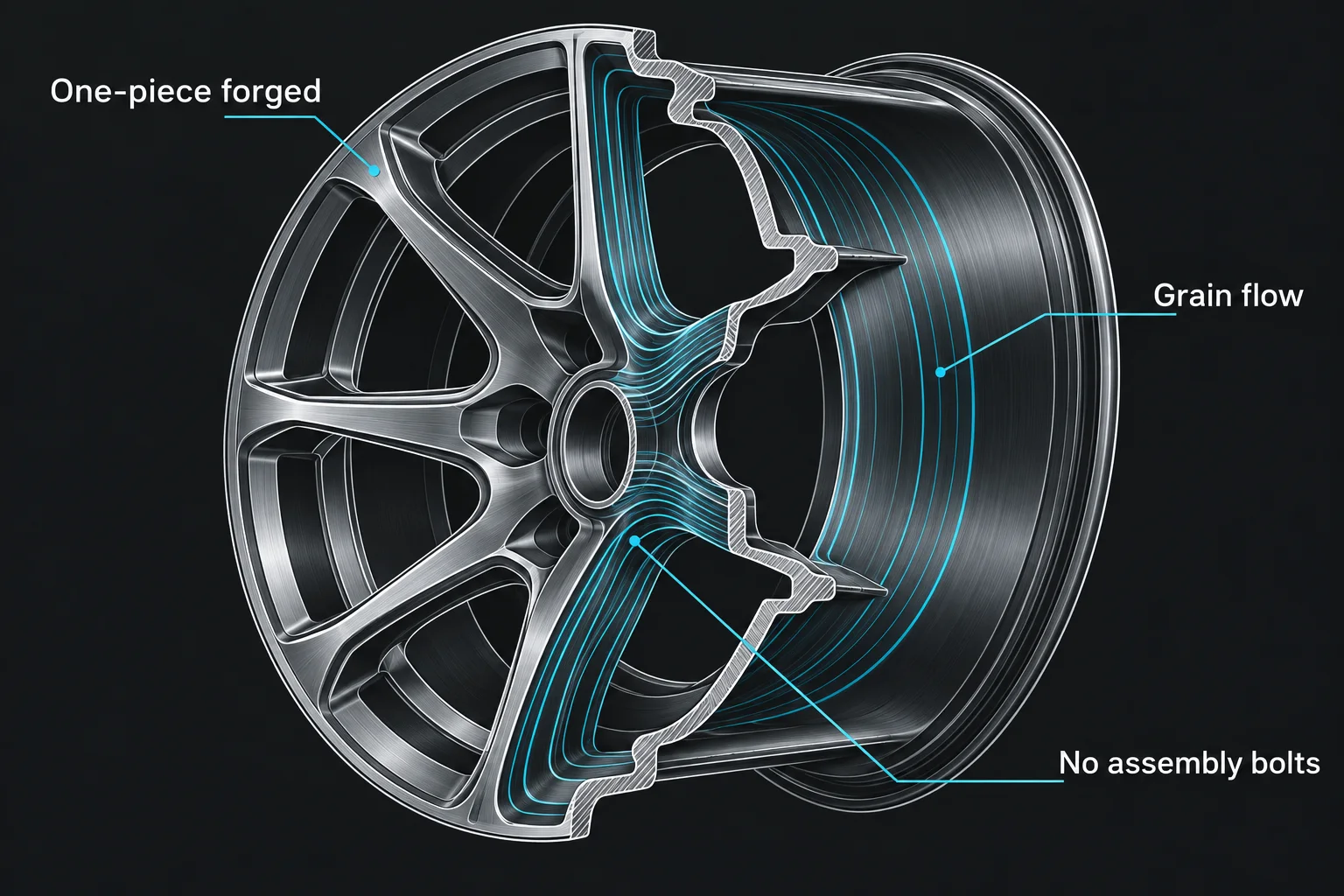 Cutaway of a one-piece forged monoblock wheel showing continuous grain flow