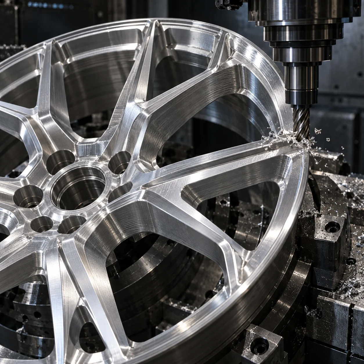 Photoreal CNC machining of a forged aluminum monoblock wheel spoke
