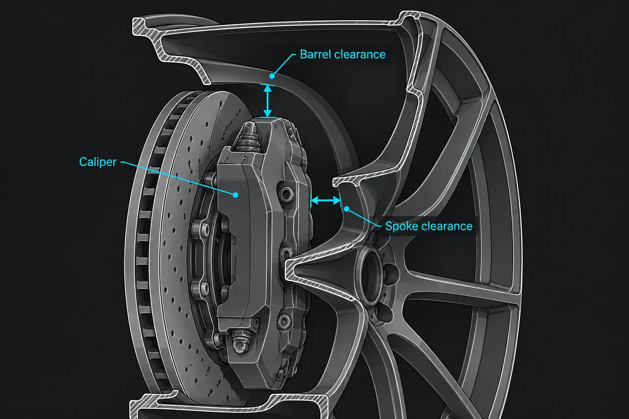 Illustrative cutaway of concave wheel spokes over a large brake caliper