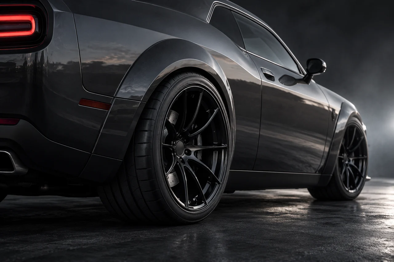 Gloss black deep-concave forged wheel on a dark muscle coupe rear quarter