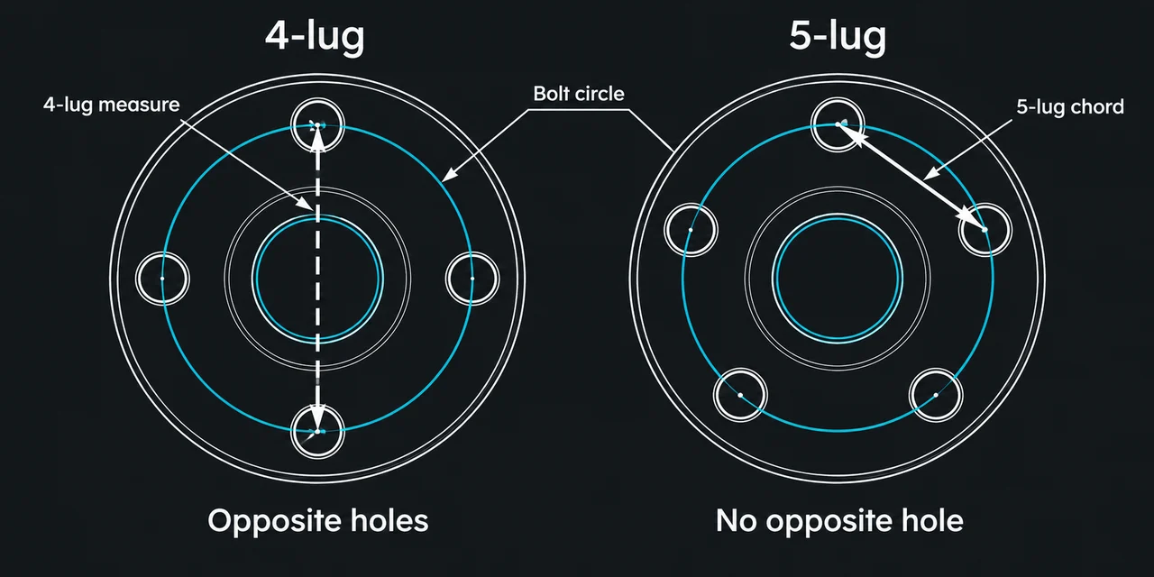 Illustrative diagram comparing 4-lug opposite-hole measure and 5-lug adjacent chord