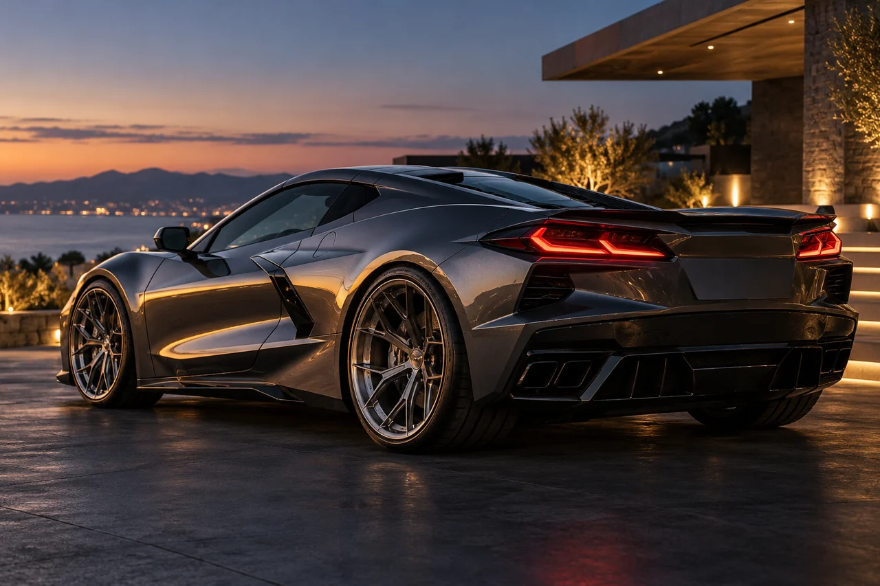 Staggered forged wheels on a Corvette-like coupe rear quarter, cinematic dusk
