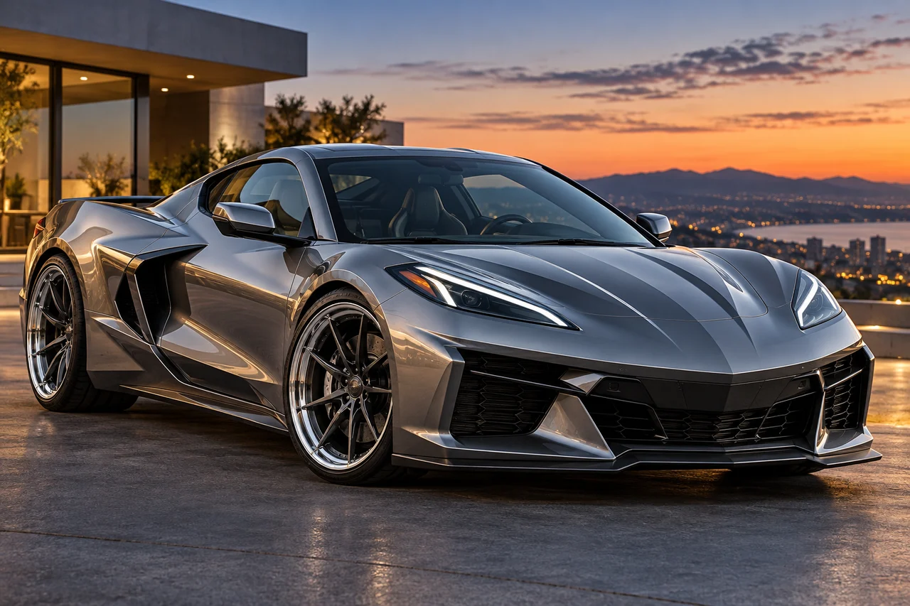 Illustrative Corvette-like coupe front three-quarter with forged wheels