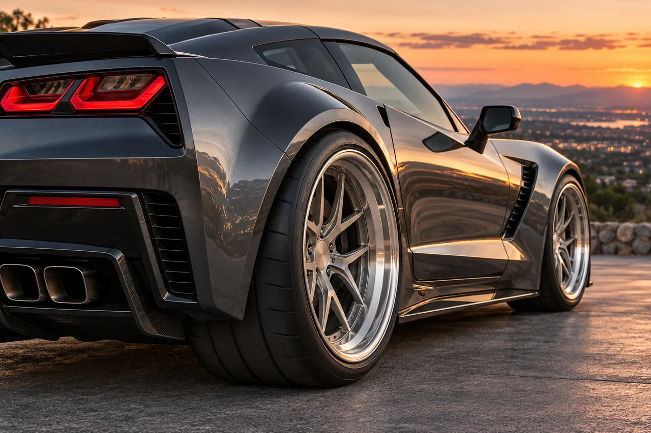 Illustrative Corvette-like rear quarter with staggered wide forged wheels