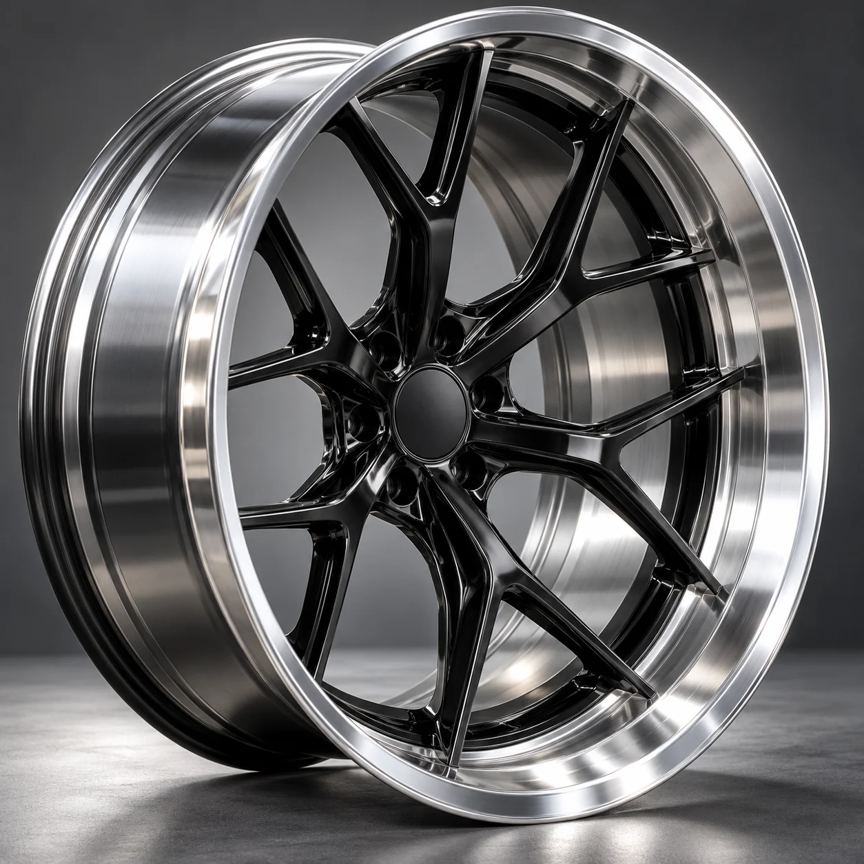 Illustrative wide-lip deep-concave gloss forged wheel, studio product shot