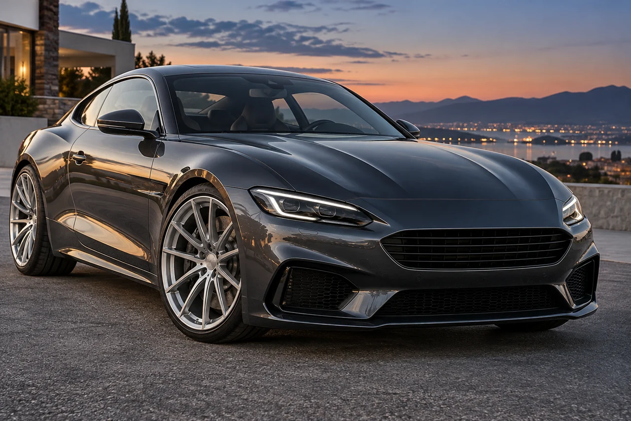 Illustrative dark Euro performance coupe/sedan front three-quarter with multi-spoke forged wheels