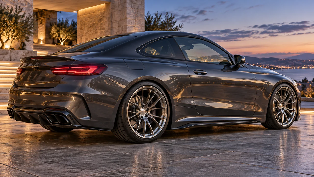 Illustrative dark Euro performance coupe/sedan side with staggered multi-spoke forged wheels