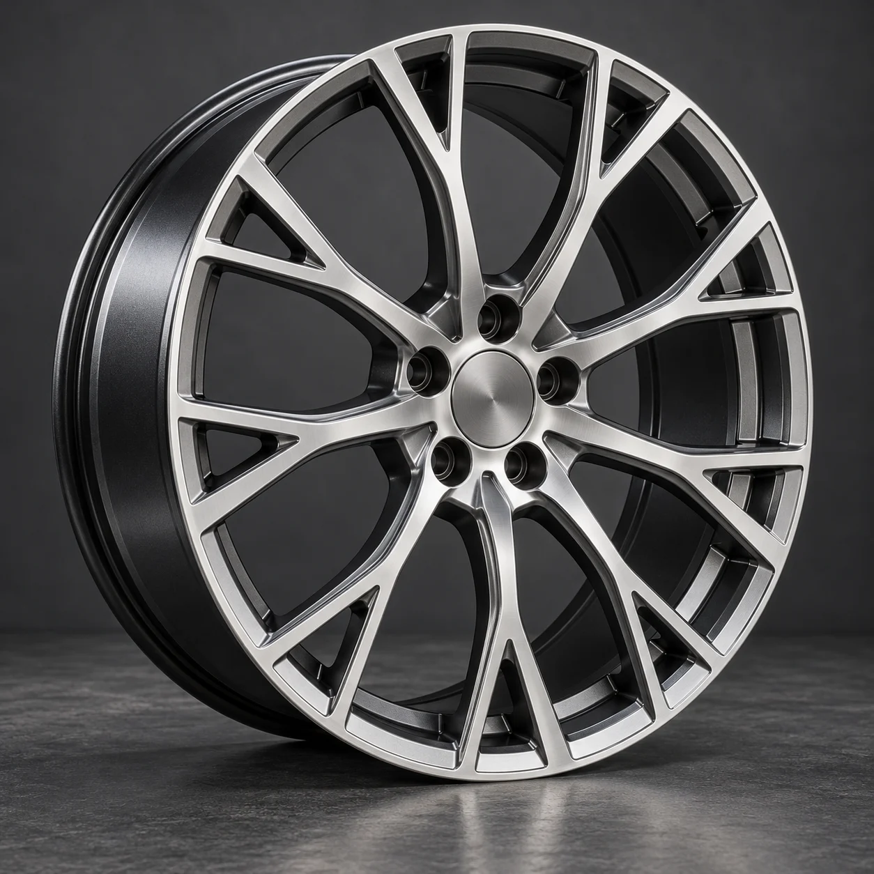 Illustrative subtle-concave two-tone silver-black forged wheel, Euro style, studio product shot