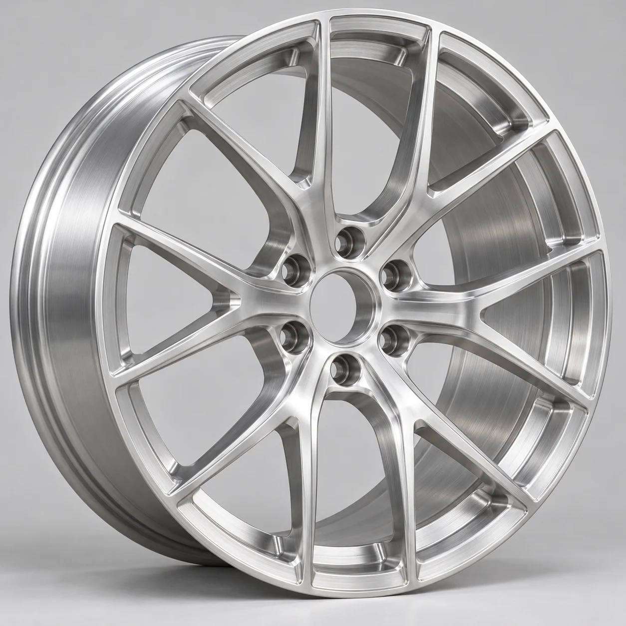Illustrative thin multi-spoke brushed silver forged wheel, Euro performance style, studio product shot