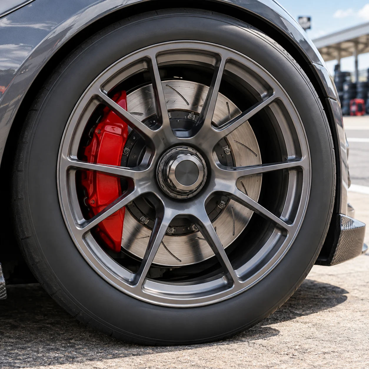 Illustrative forged motorsport-style wheel with single center lock nut