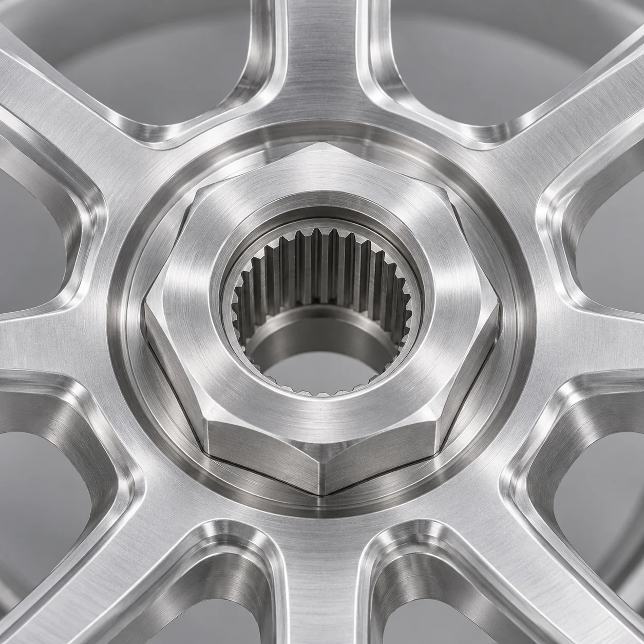 Illustrative close-up of a center lock nut and splined wheel center
