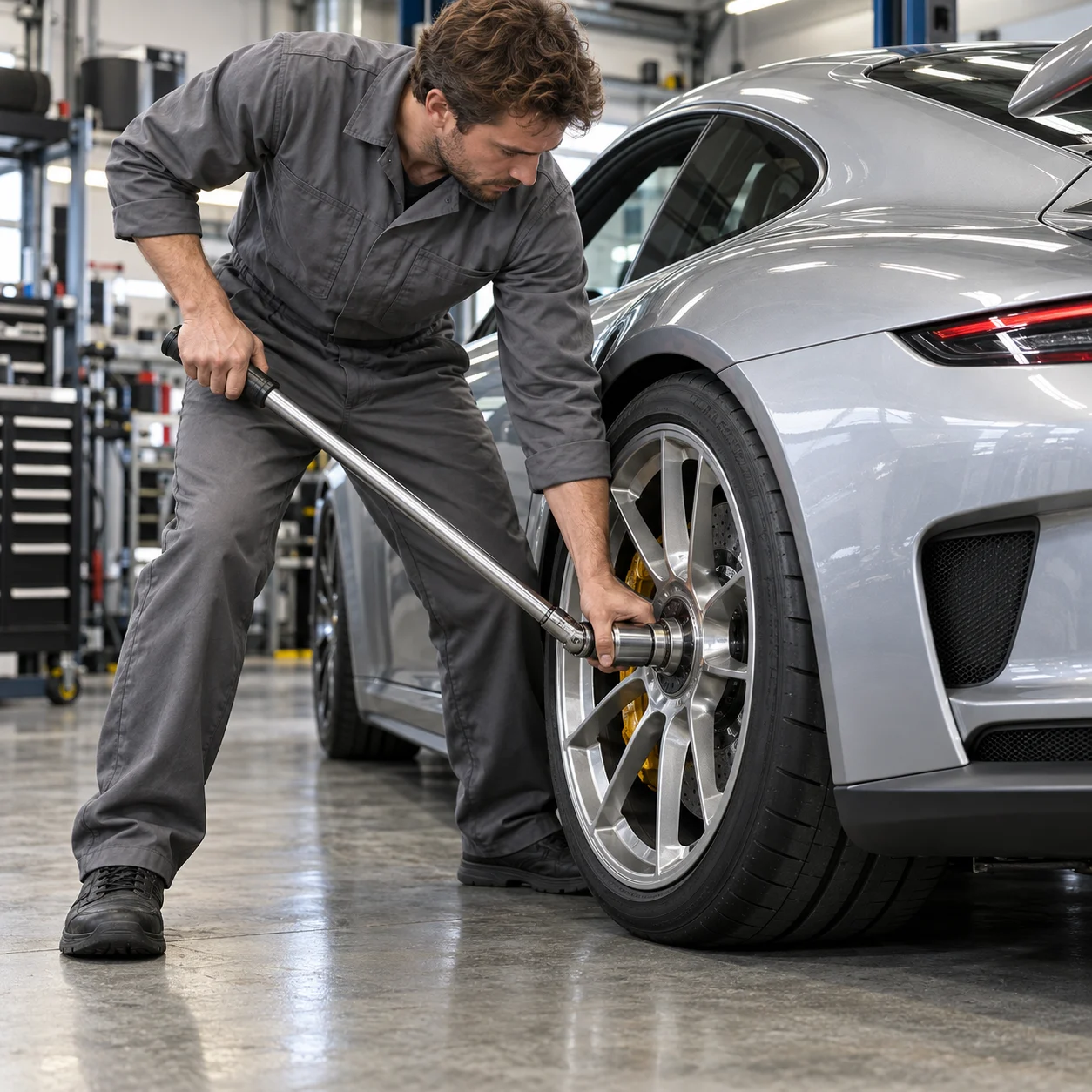 Illustrative mechanic tightening a center lock wheel nut with a torque wrench
