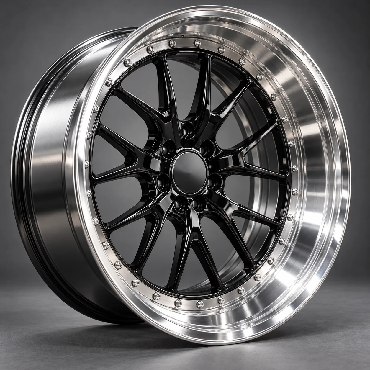 Illustrative deep dish forged wheel with wide step lip and recessed face, studio shot