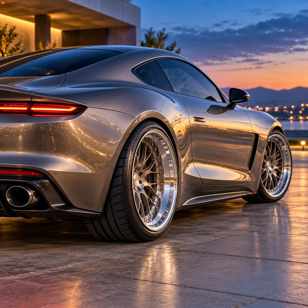 Illustrative staggered sports coupe with deeper rear lip on forged wheels