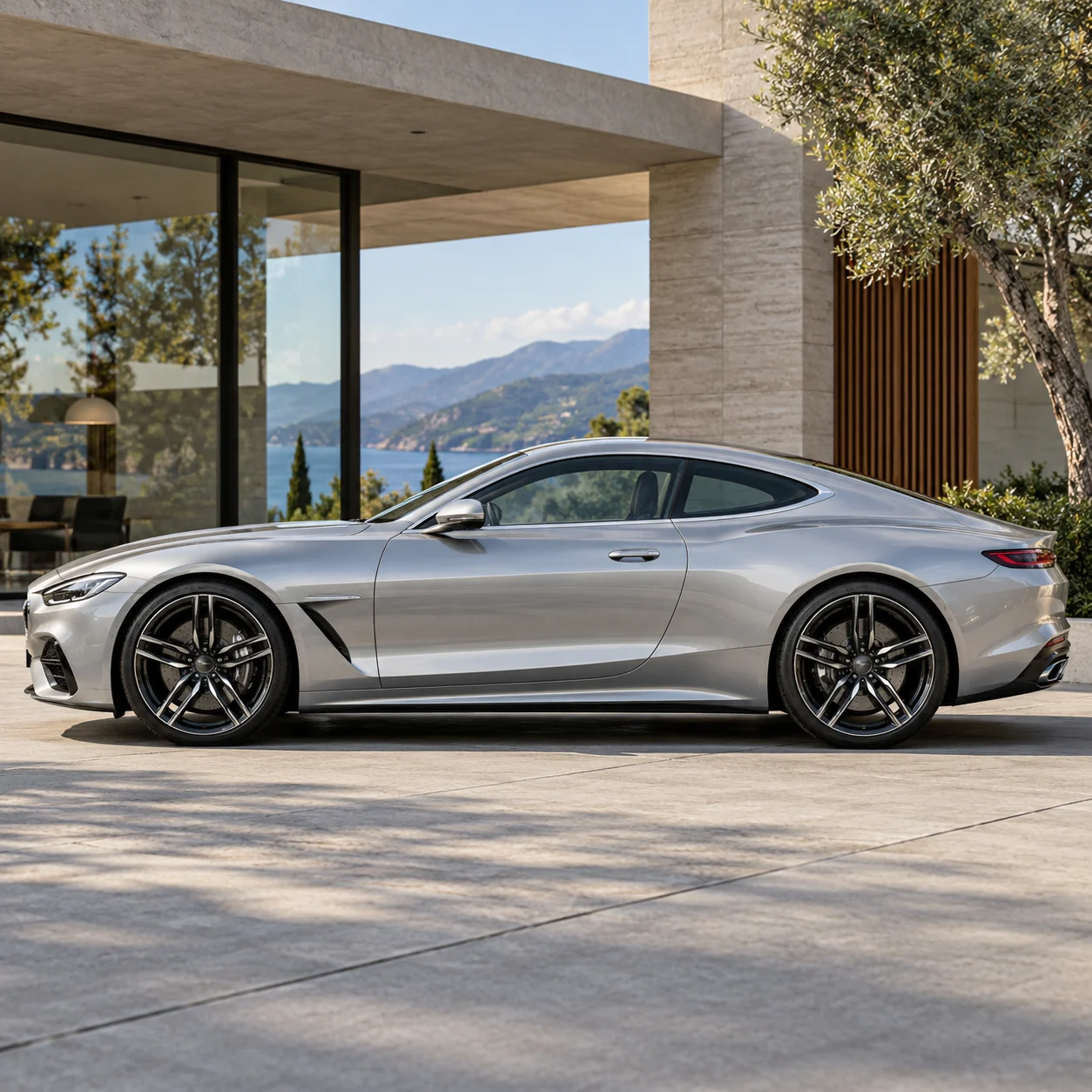 Illustrative silver luxury grand-touring coupe on gloss black forged monoblock wheels
