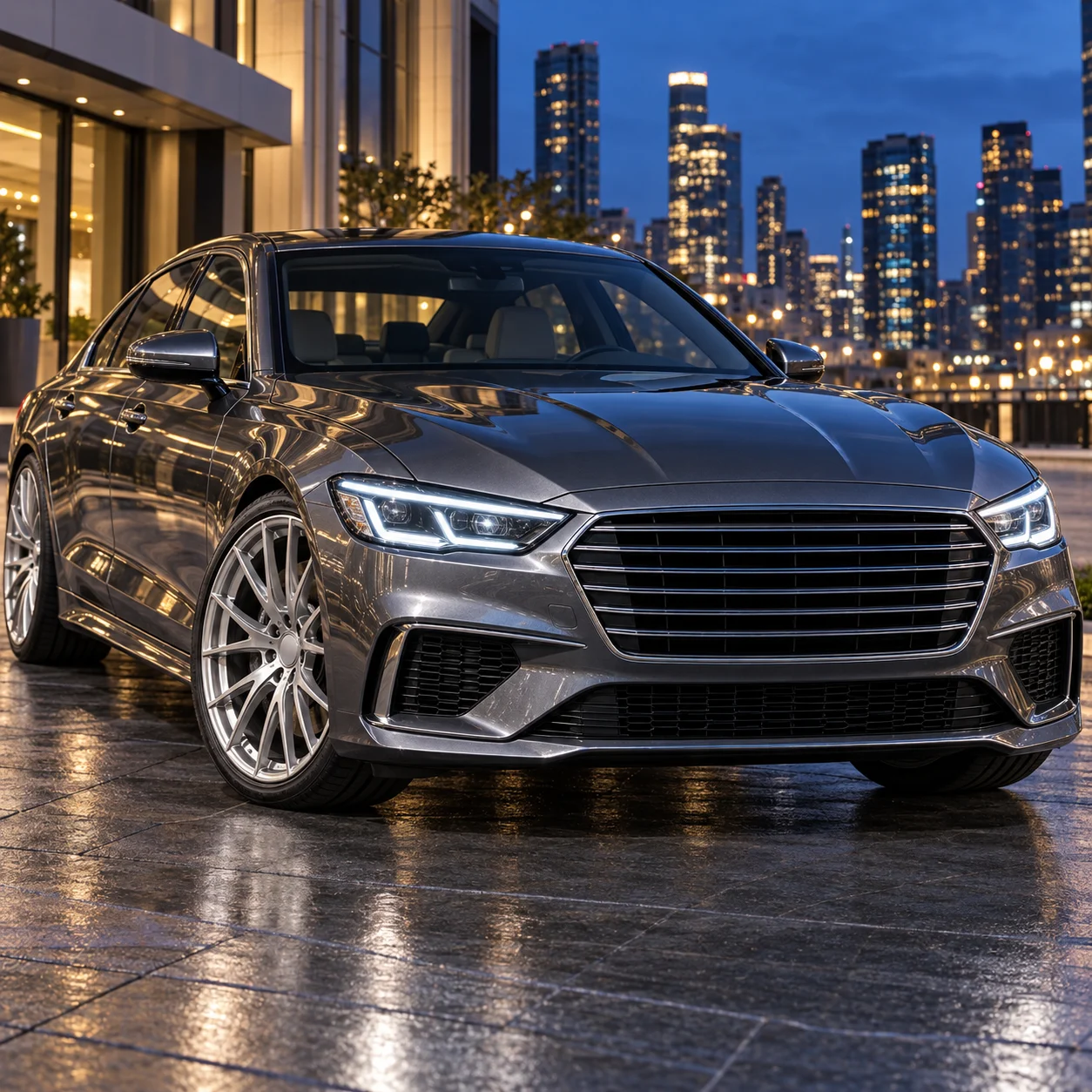 Illustrative German luxury sedan on brushed silver multi-spoke forged monoblock wheels