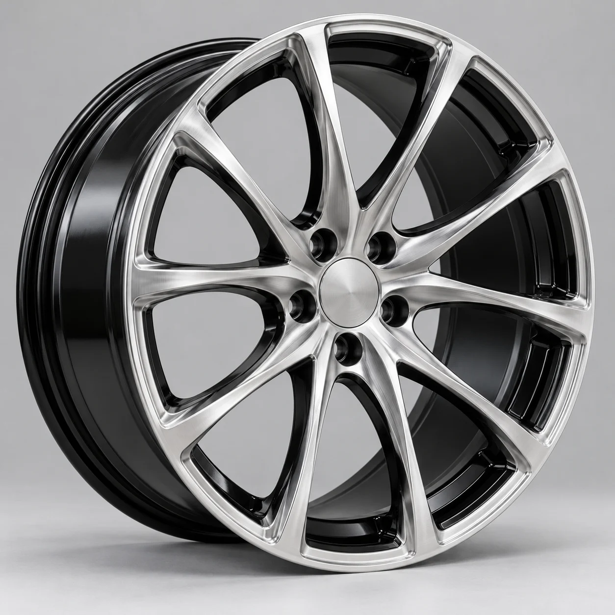Illustrative one-piece forged monoblock multi-spoke wheel, studio shot