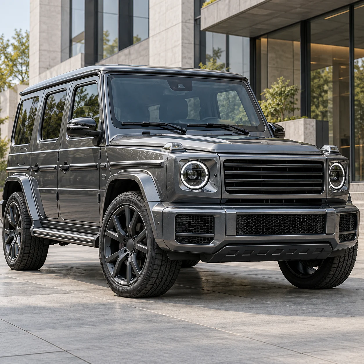 Illustrative large luxury off-road SUV on dark satin forged monoblock wheels