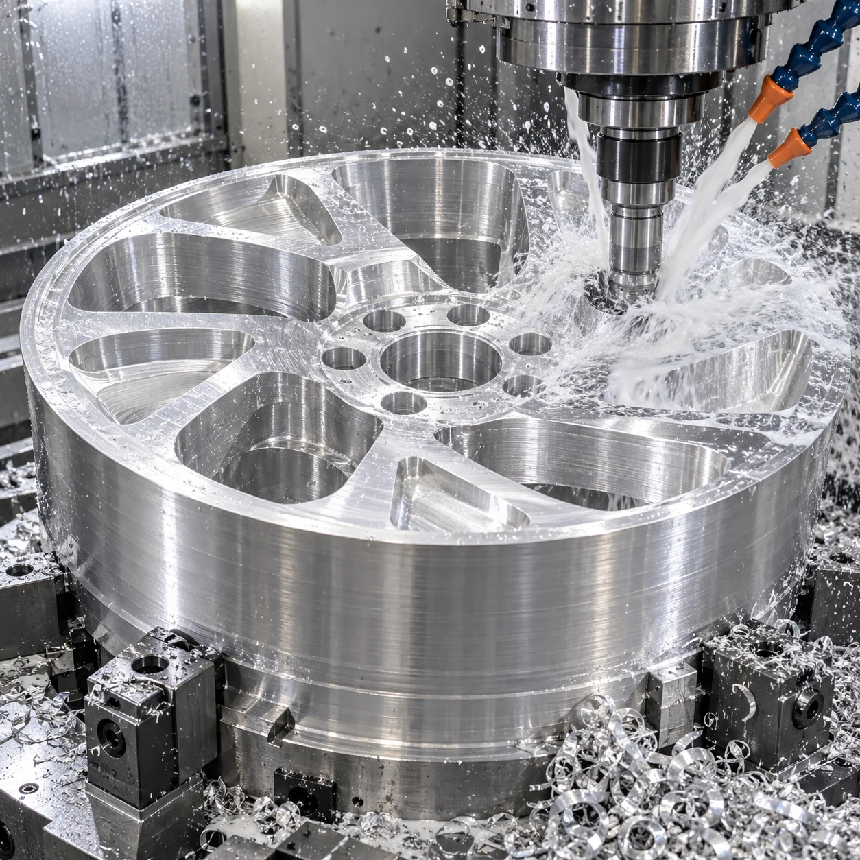Illustrative forged aluminum wheel blank being CNC machined with coolant spray