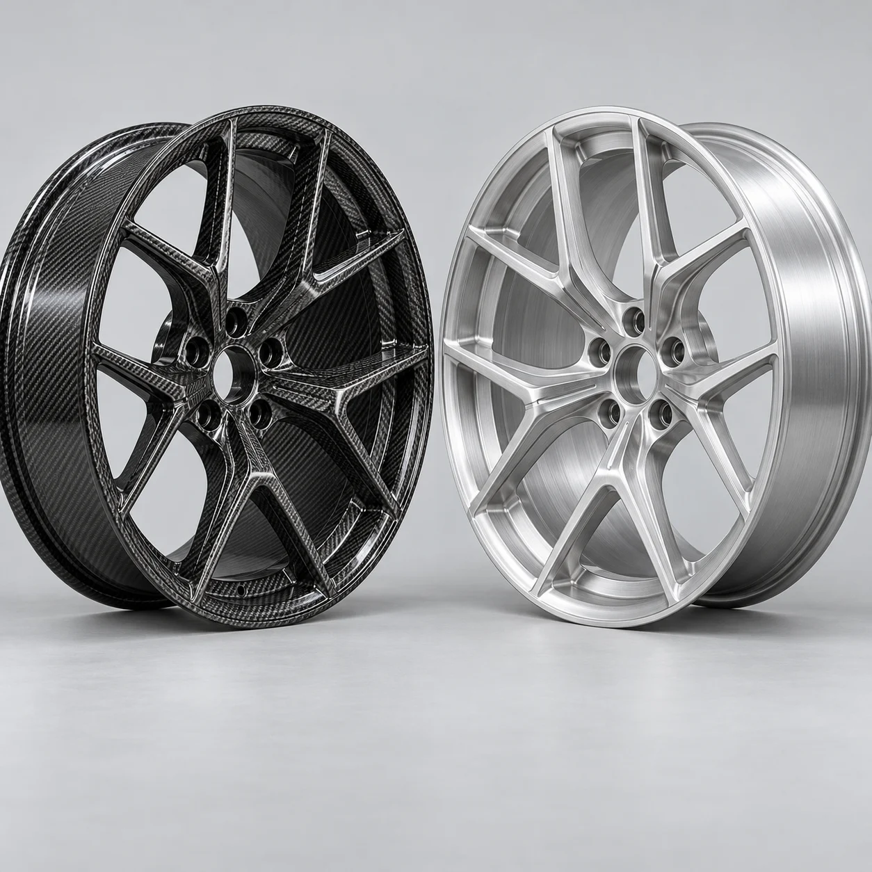 Illustrative carbon fiber wheel beside a forged aluminum wheel, studio comparison