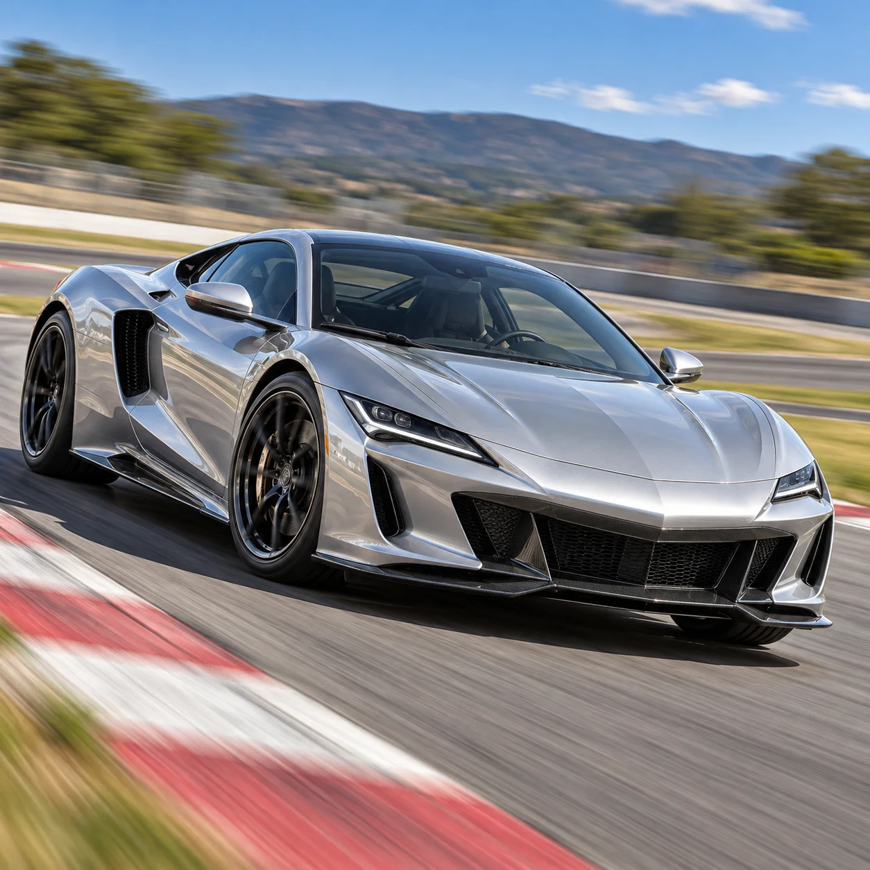 Illustrative silver sports car cornering on track on gloss black forged multi-spoke wheels