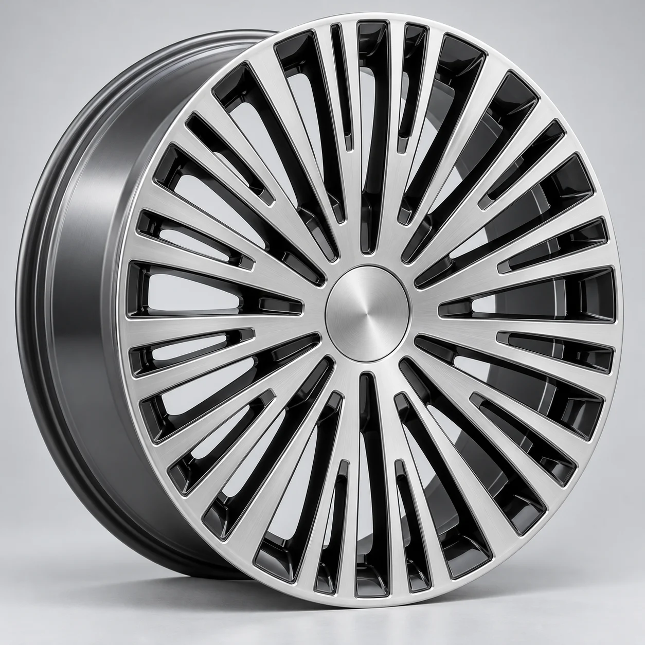Illustrative one-piece forged aluminum wheel with flat aero multi-spoke face, studio shot