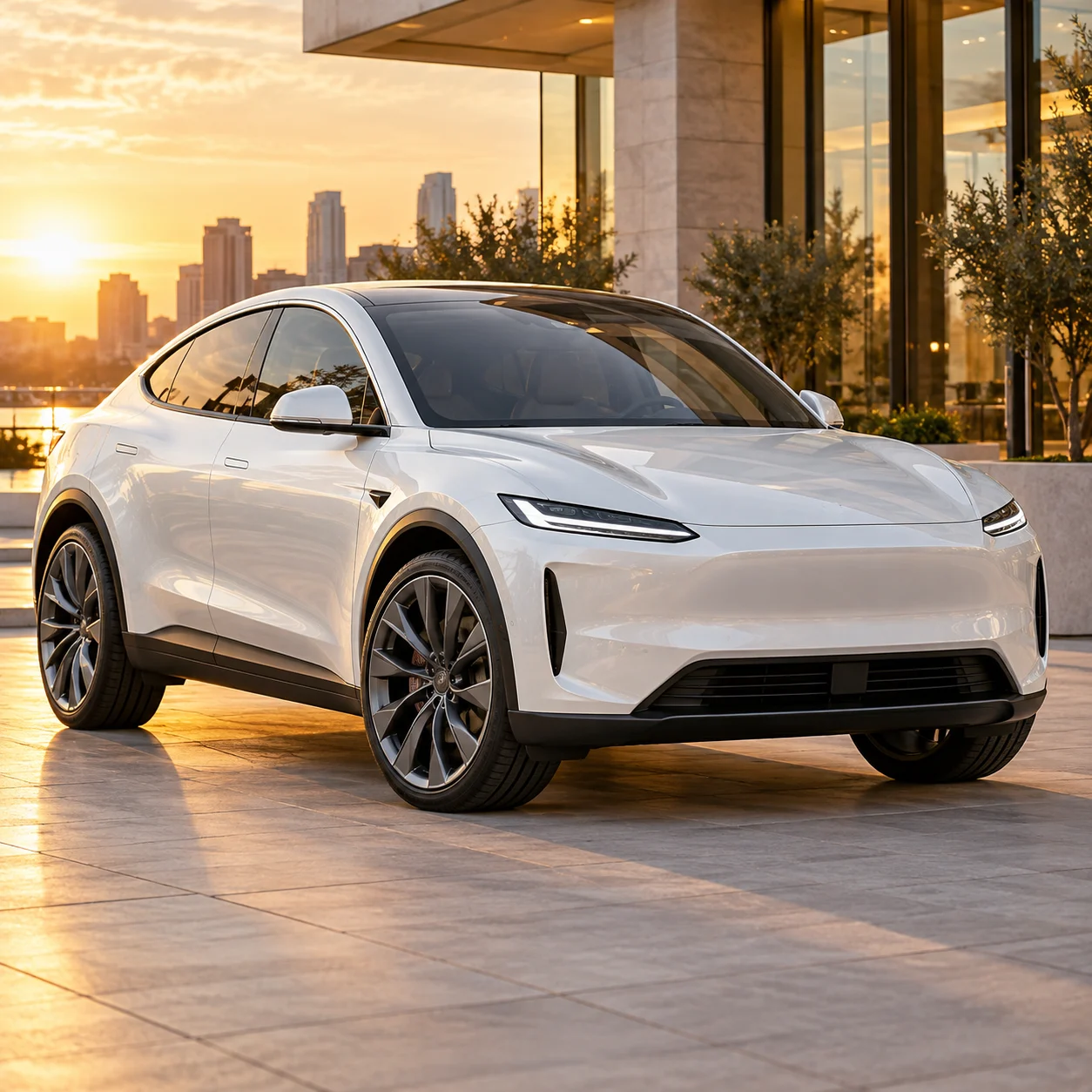 Illustrative white electric crossover on satin gunmetal flat aero multi-spoke forged wheels