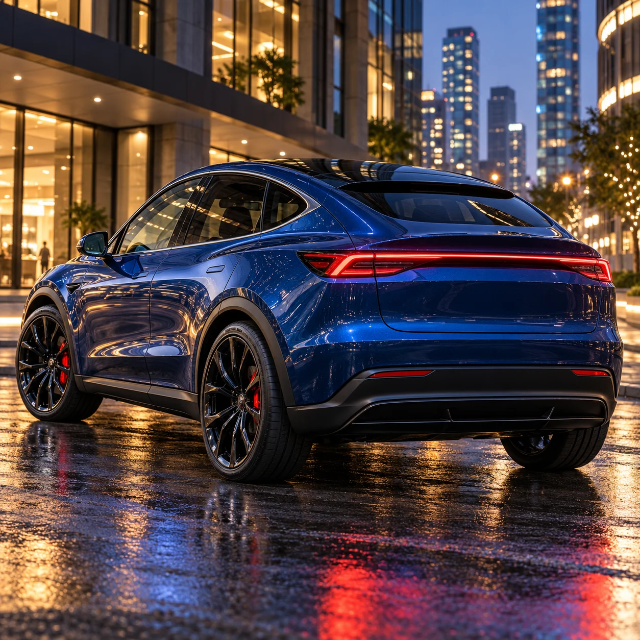 Illustrative blue electric crossover rear three-quarter on gloss black split-spoke forged wheels with red calipers
