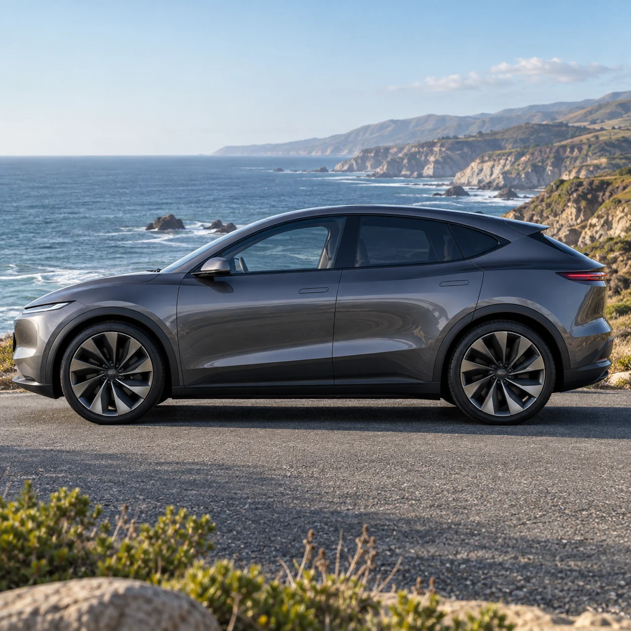 Illustrative grey electric crossover side profile on turbine-style forged monoblock wheels