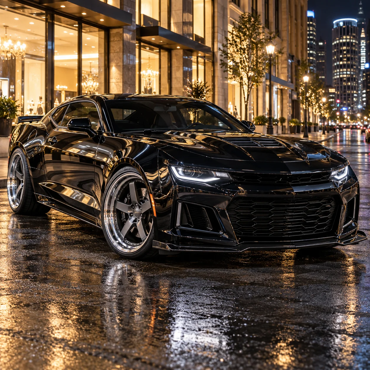 Illustrative black American muscle coupe on satin gunmetal deep-concave 5-spoke forged wheels with polished wide lips