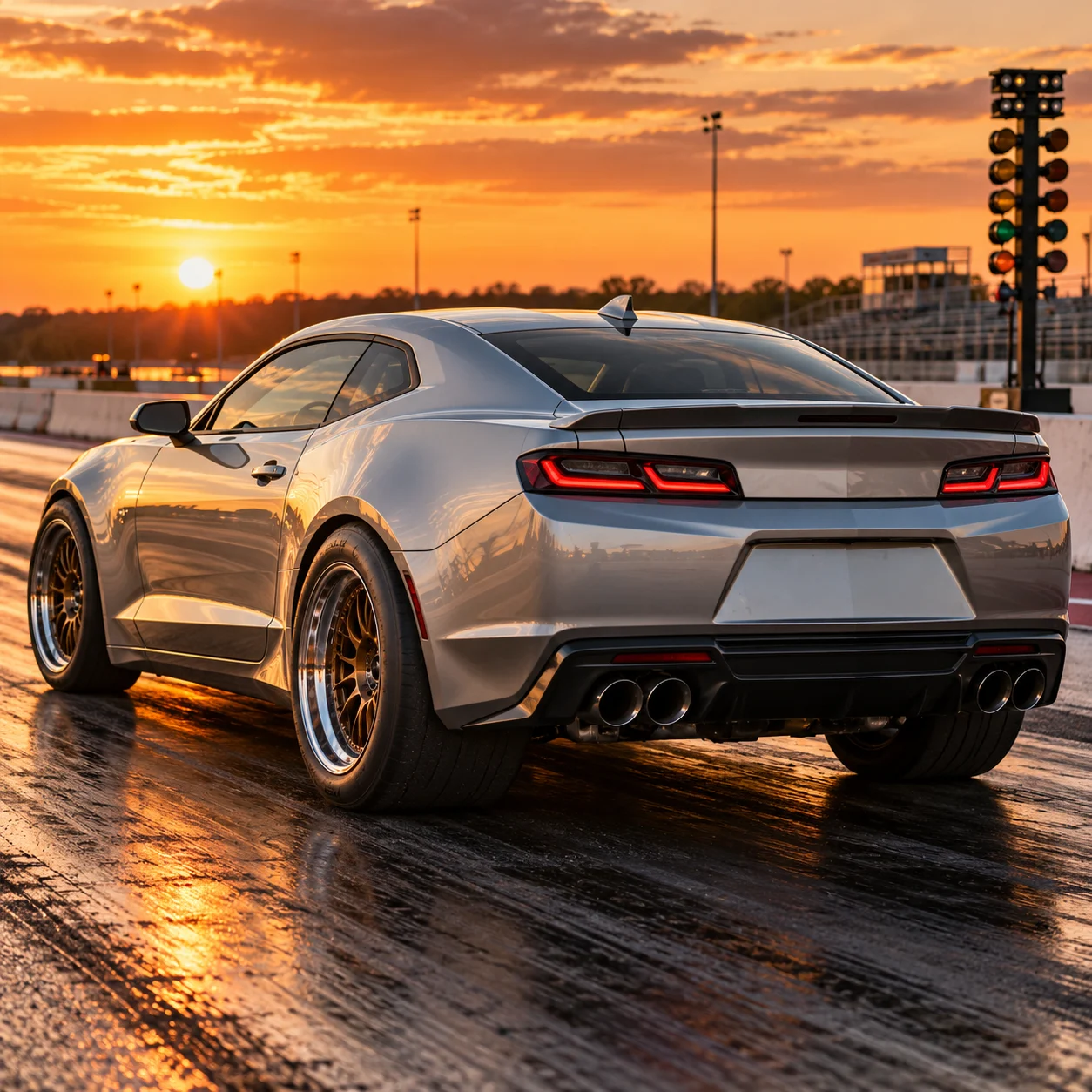 Illustrative silver muscle coupe rear three-quarter on bronze deep-concave mesh forged wheels at a drag strip