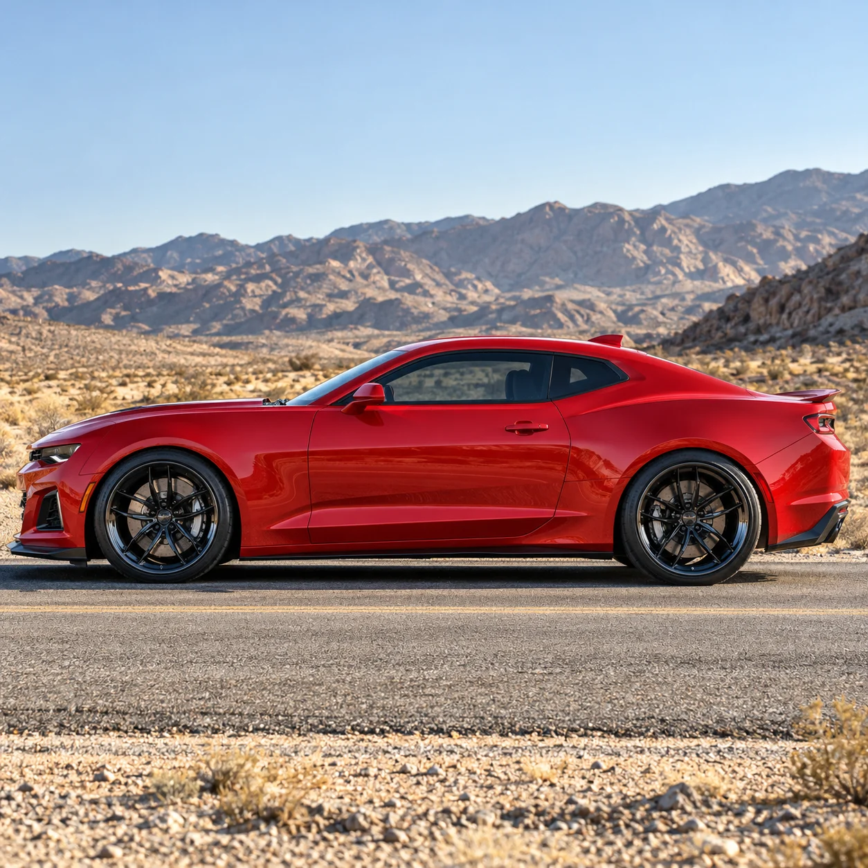 Illustrative red muscle coupe side profile on gloss black twisted split-spoke deep-dish forged wheels