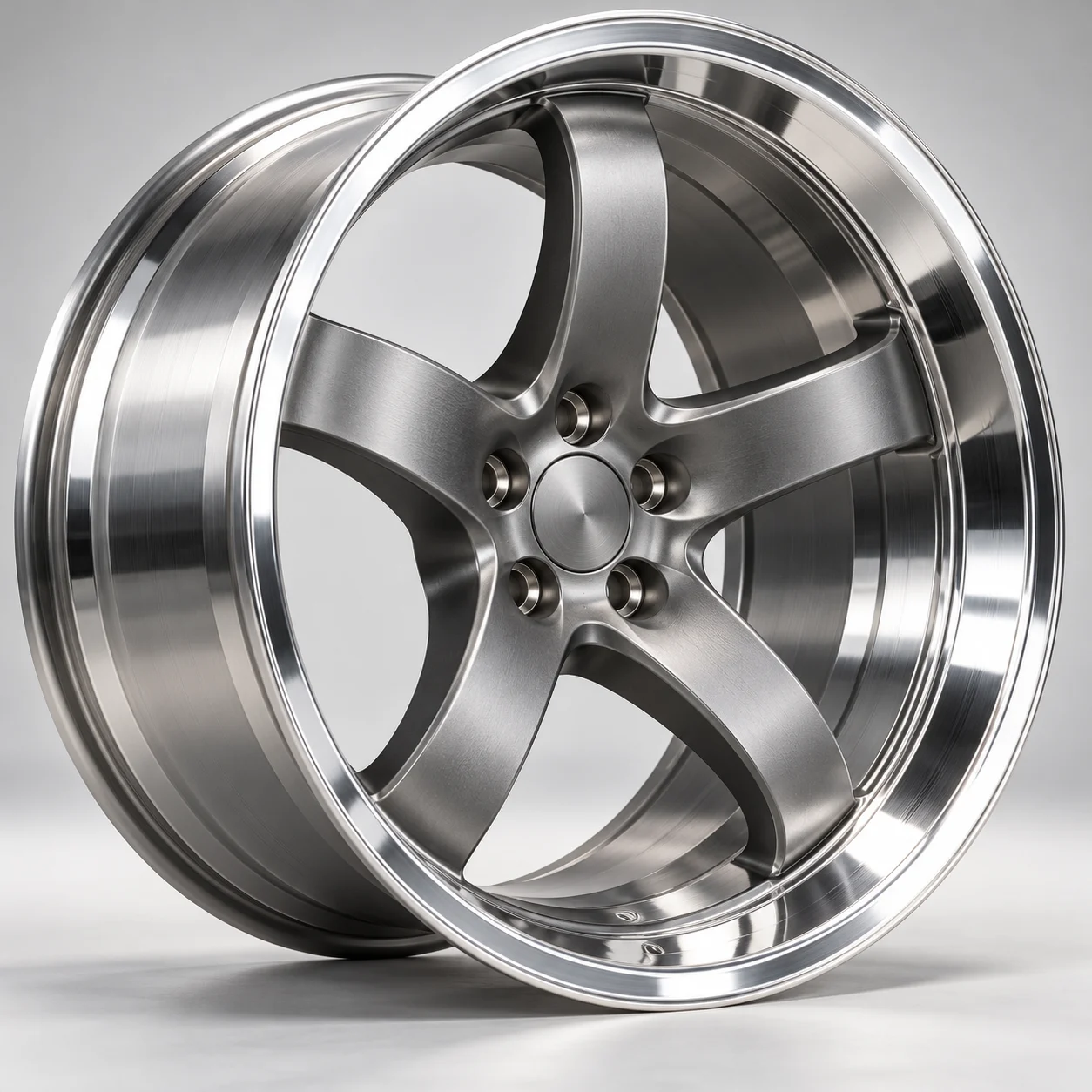 Illustrative wide-lip deep-concave 5-spoke forged aluminum wheel in satin gunmetal, studio shot