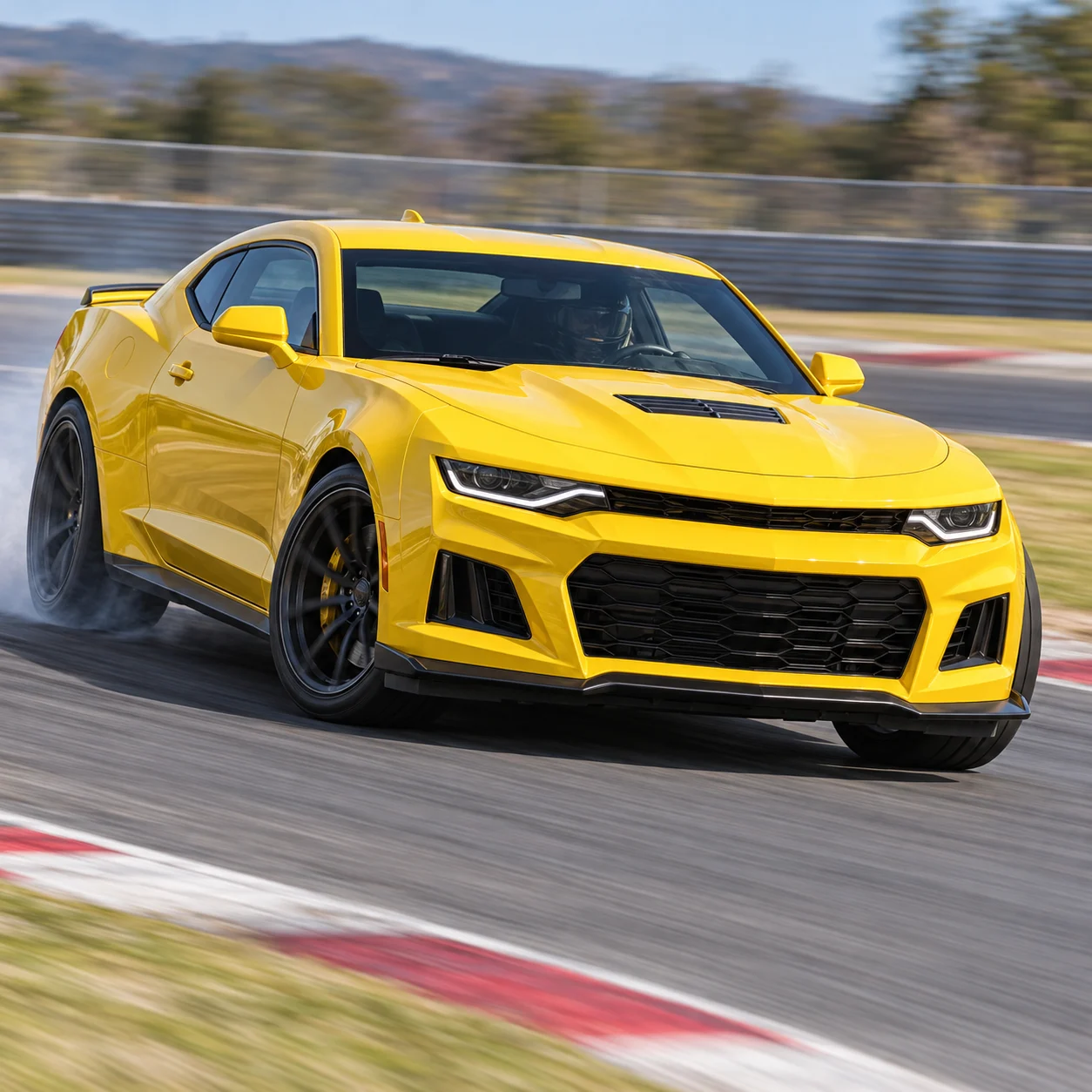 Illustrative yellow muscle coupe cornering on a road course on satin black forged split-spoke wheels
