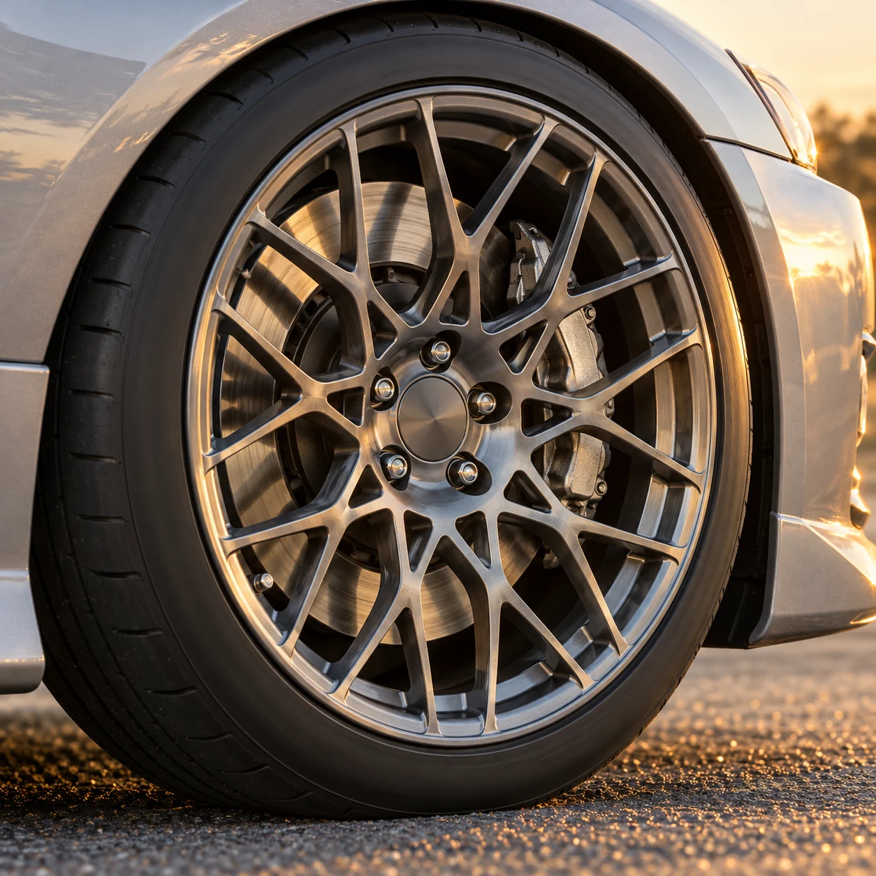 Illustrative close-up of a satin gunmetal forged mesh wheel on a silver Japanese sports coupe