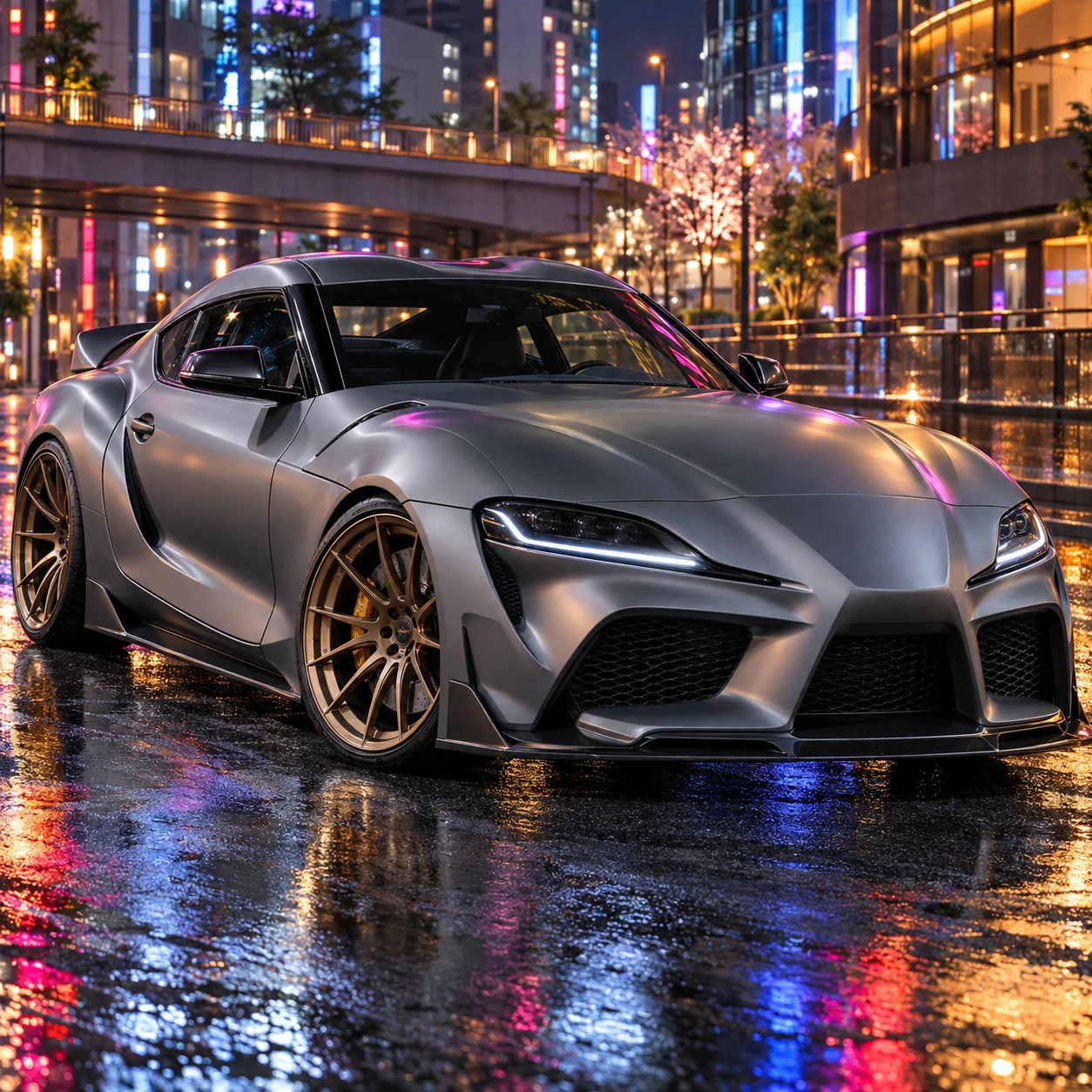 Illustrative matte grey Japanese sports coupe on satin bronze GT concave multi-spoke forged wheels at night
